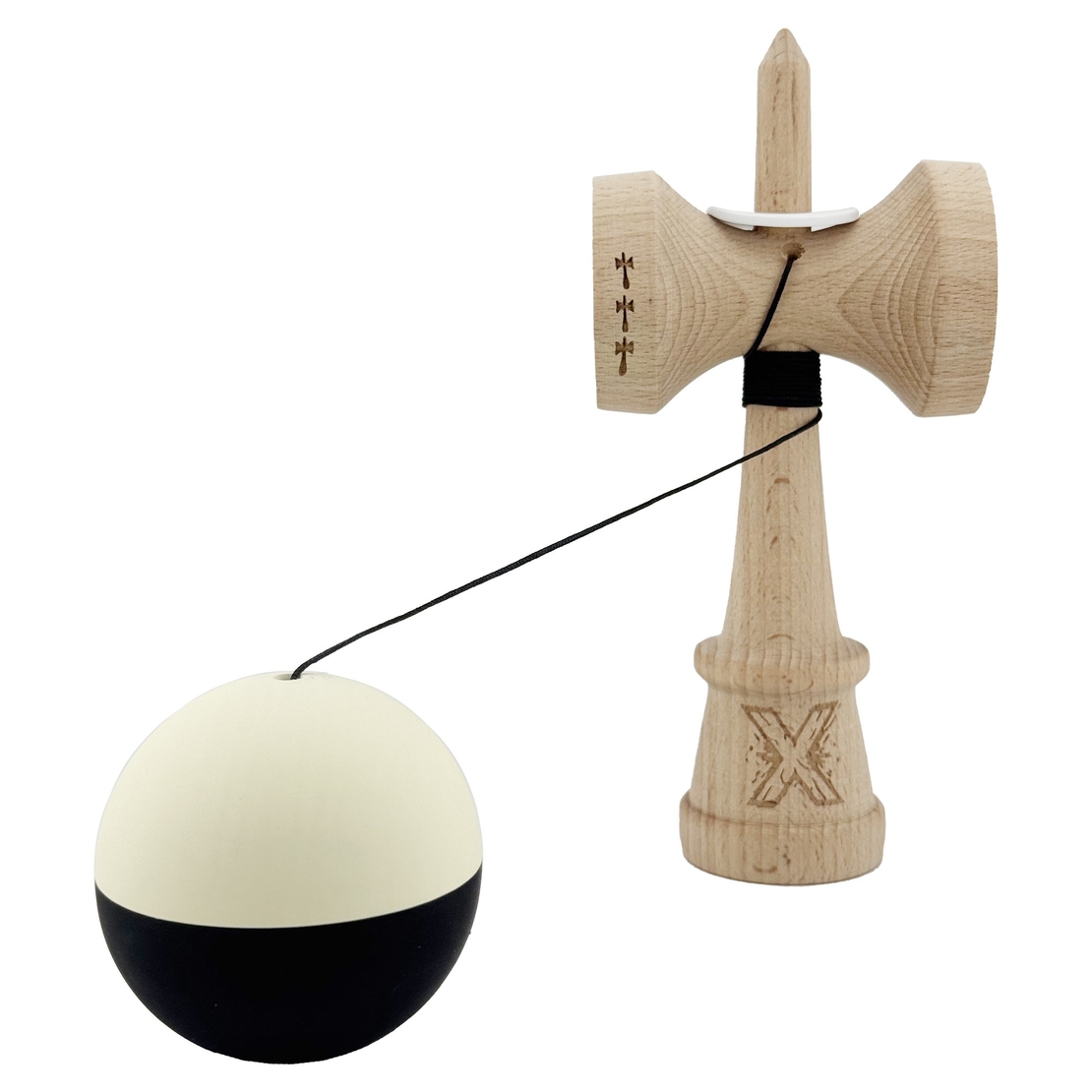 Kendama X Originala, Profesionala, Flippy, Rubber Grip, Cupe Mari KING SIZE V3, Gaura in Baza, Rulment Metalic, din lemn 18 cm, Ata 62/65 cm, Bicolor Galben/Negru