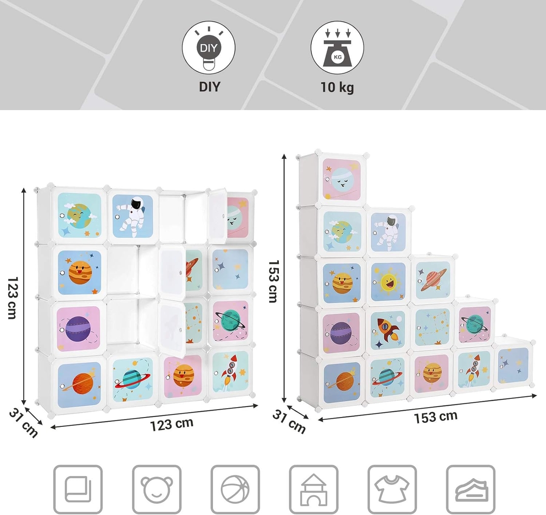 SONGMICS Dulap modular de depozitare jucarii, 16 cuburi cu usi, 123x31x123cm, alb