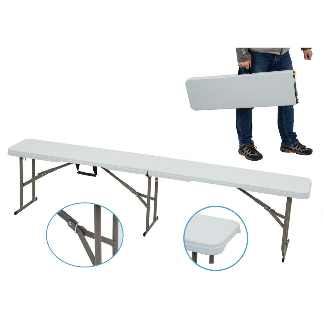 Banca pliabila pentru evenimente si catering, 183x28x43 cm, din HDPE si otel, alb