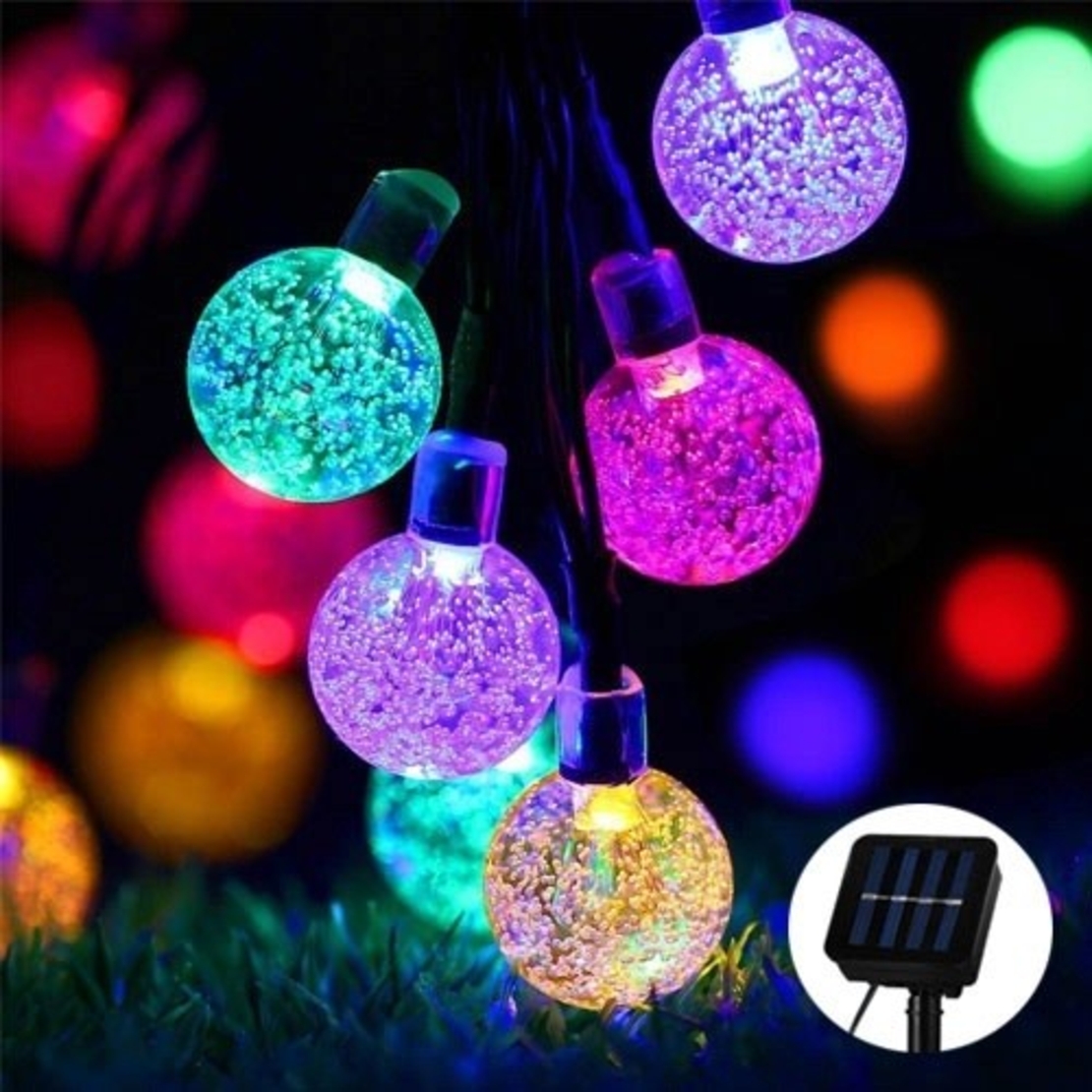 Instalatie Craciun, Tip Globuri de cristal, 30 Led-uri, 6.5 metri, Multicolor, Energie solara, Senzor de lumina, Vafy