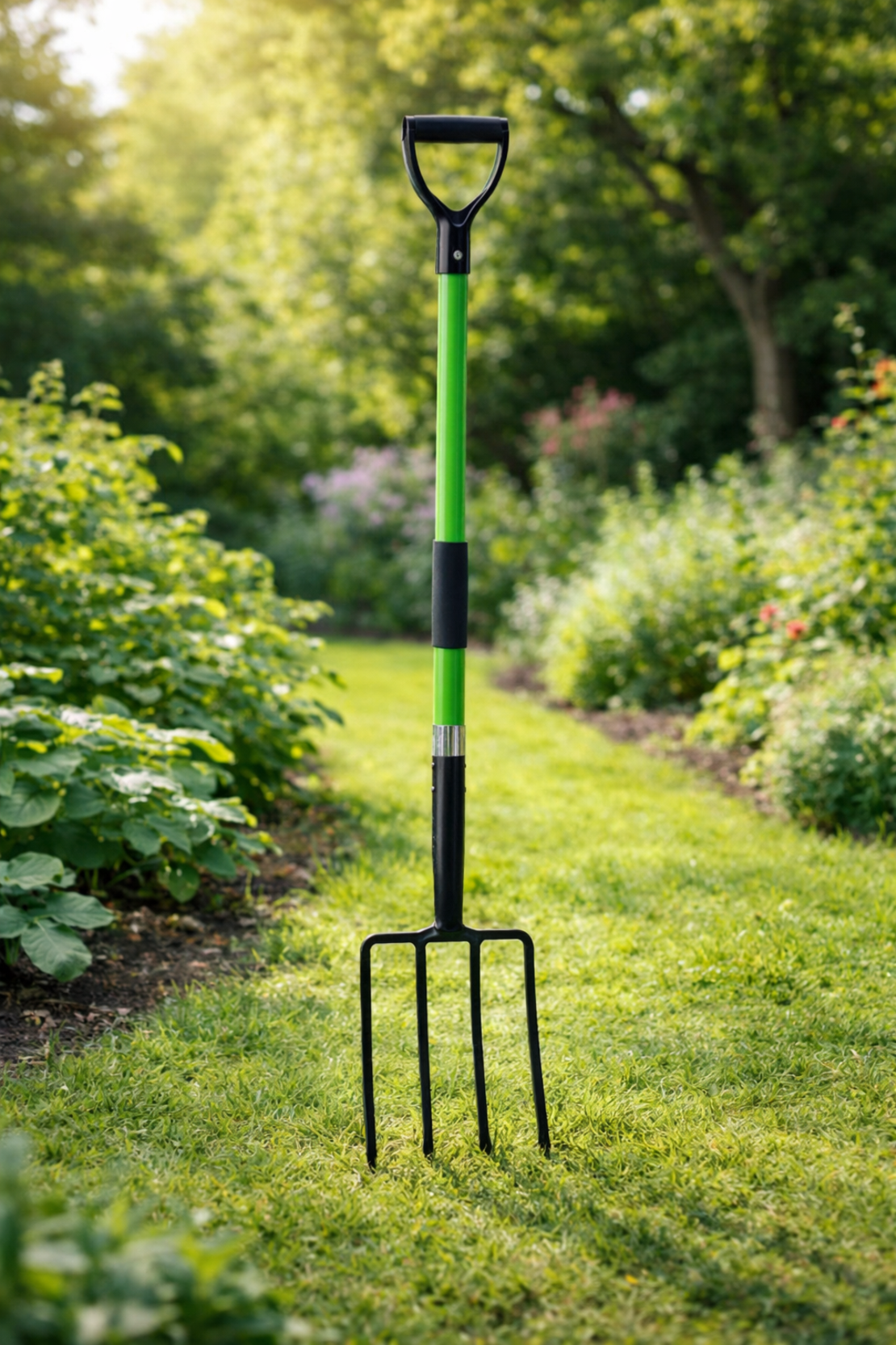 Furca cu 4 dinti din otel si maner din fibra de sticla, 120 cm, negru si verde