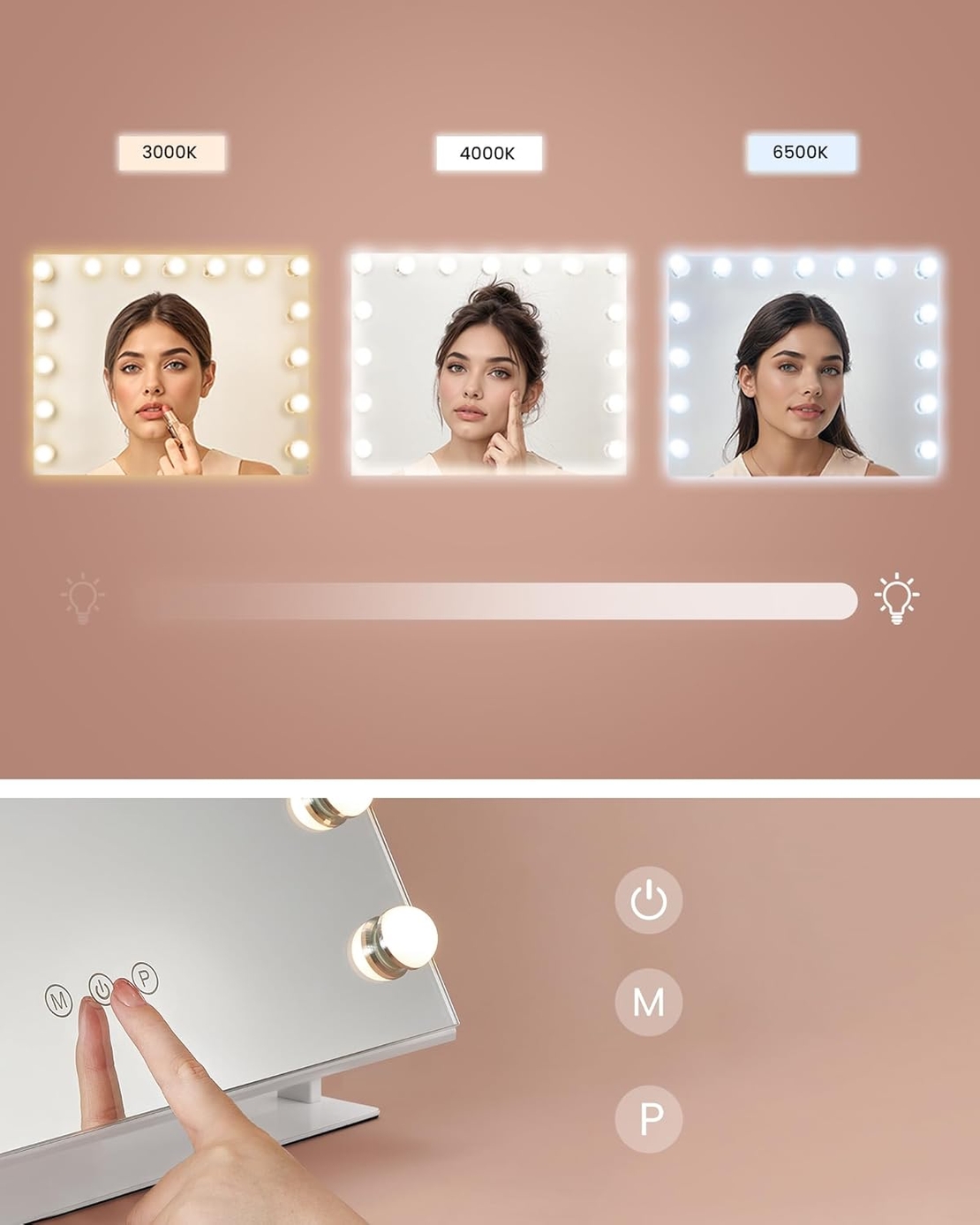 SONGMICS Oglinda machiaj cu iluminare LED, 3 culori lumina, suport telefon, 2 porturi USB, zoom 10x, 58x43 cm, alb