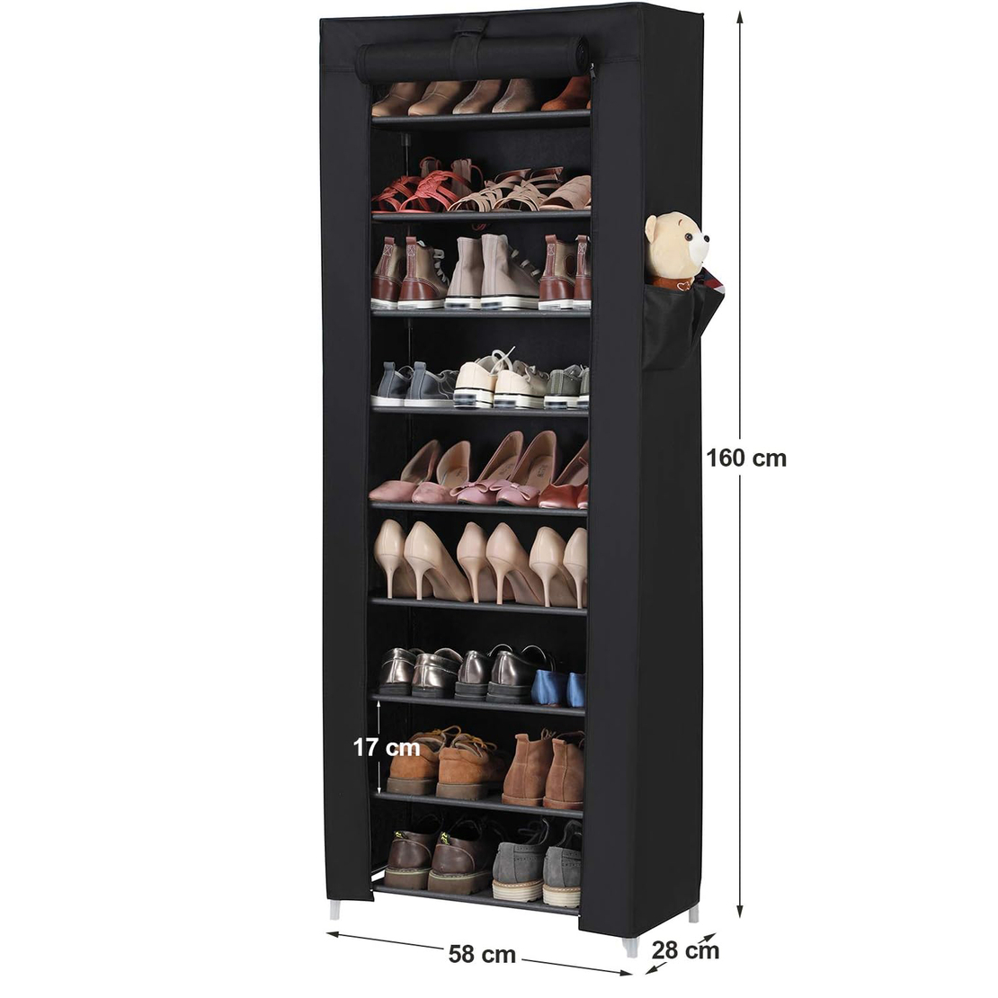 SONGMICS Dulap pentru pantofi din material textil, structura metalica, 10 niveluri, capacitate 27-35 perechi, 58x28x160 cm, negru