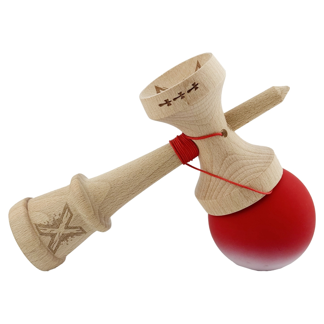Kendama X Originala, Profesionala, Flippy, Cupe Mari KING SIZE V3, Rubber Grip, Gaura in Baza, Rulment Metalic, din lemn 18 cm, Ata 62/65 cm, Gradient Rosu/Alb