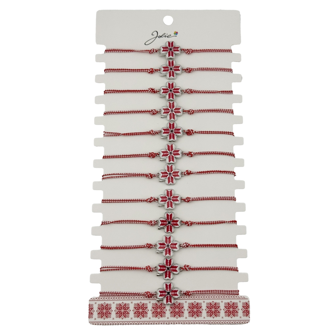Bratara Martisor pentru Dama, Jolie, Model Trifoi, Set 12 bucati, Pandativ din Aliaj cu Print Traditional, Snur Ajustabil Impletit, Alb/Rosu