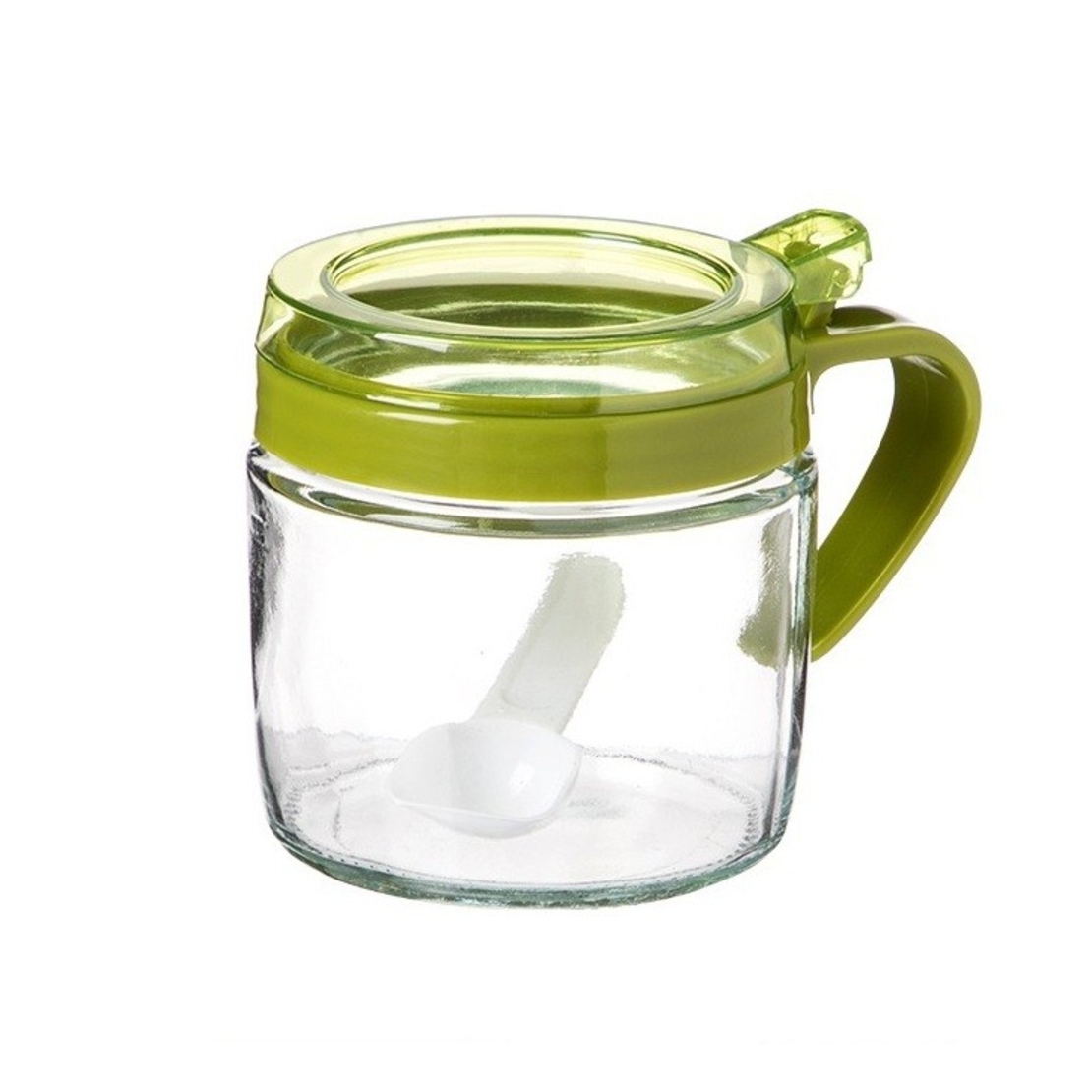 Recipient Condimente, Vafy, din Stilca, 180 ml, cu Maner si Lingurita, 8 x 9 cm, Capac Transparent, Verde