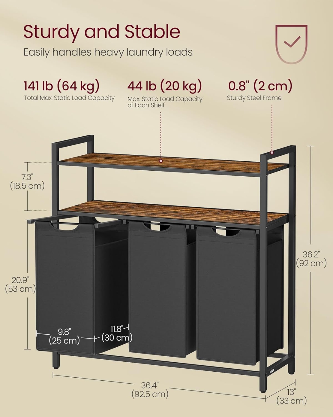 VASAGLE Cos de rufe cu 3 saci detasabili, 3x40 litri, 2 rafturi, structura metalica, stil industrial, 92x33x92 cm, maro rustic