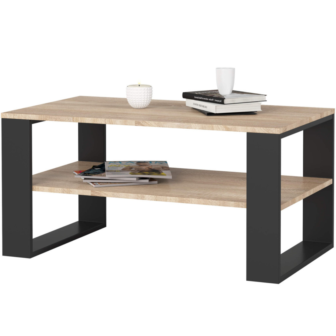 Masuta cafea ALEX cu raft inferior, PAL laminat, 92x53x45 cm, stejar sonoma si negru