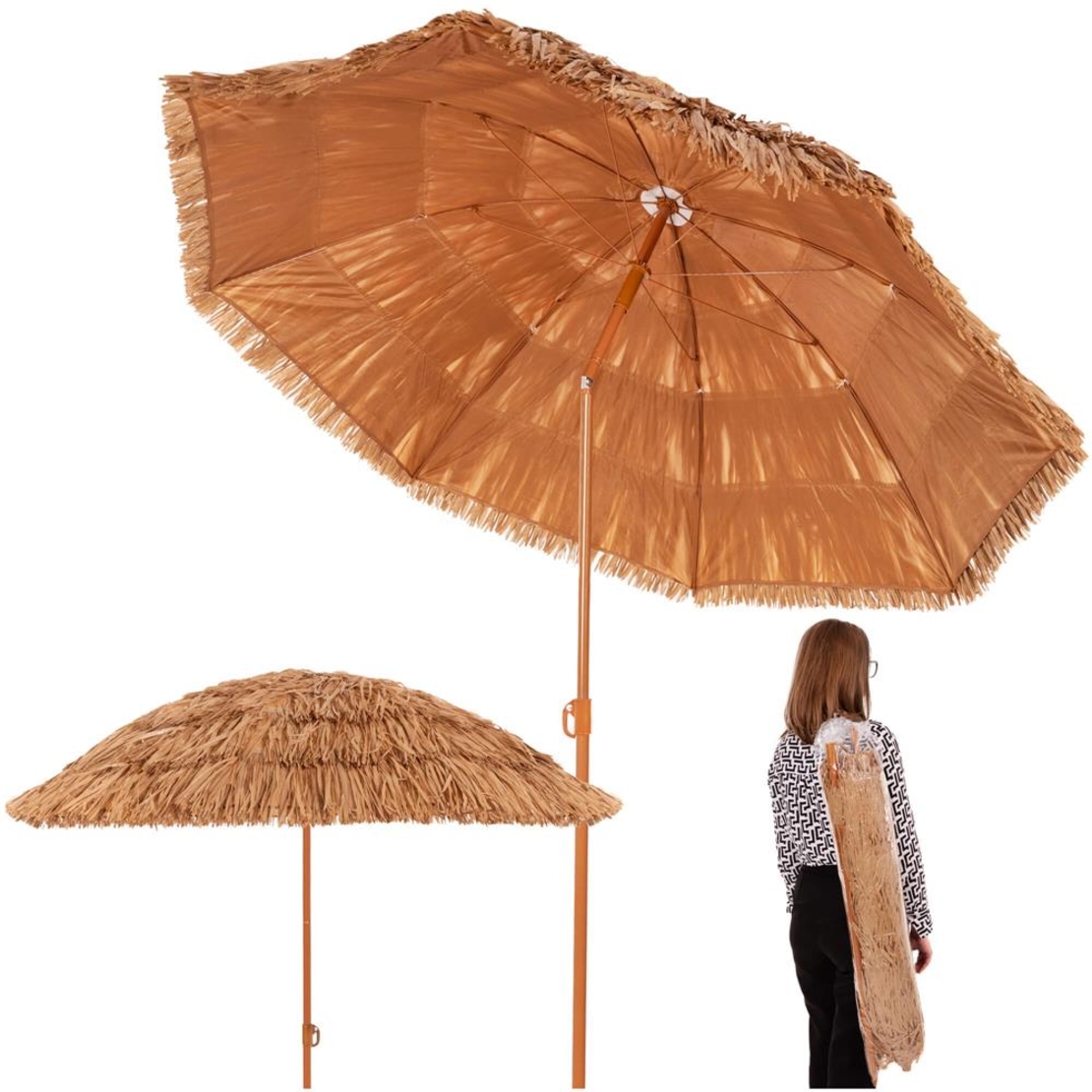 Umbrela de plaja tip hawai pliabila, cu inaltime si unghi reglabil, structura metalica, 160 cm, maro