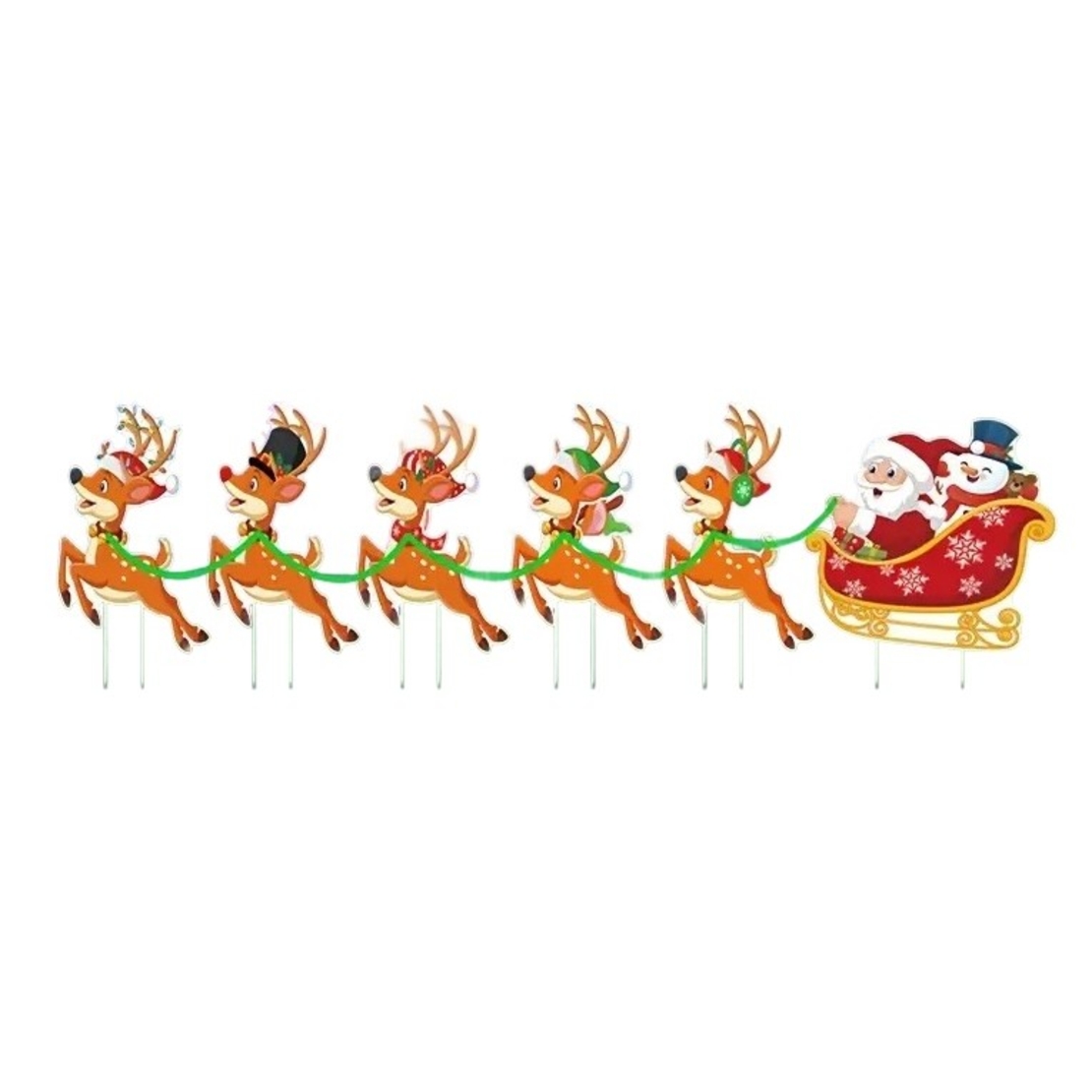 Decoratiune de Craciun, Flippy, pentru Gradina, Tip Trenulet, 6 Figurine + Bete de Infipt in Pamant, din Plastic, Impermeabil, Model Mos Craciun cu Renii, Multicolor