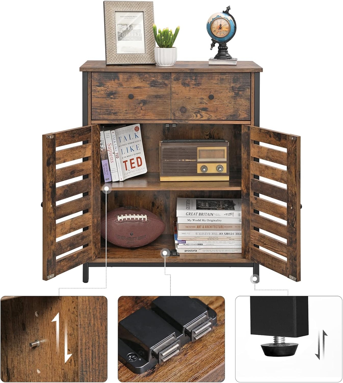 VASAGLE Comoda depozitare cu 2 sertare si polite, usi tip jaluzea, stil industrial, 30x70x80 cm, maro rustic