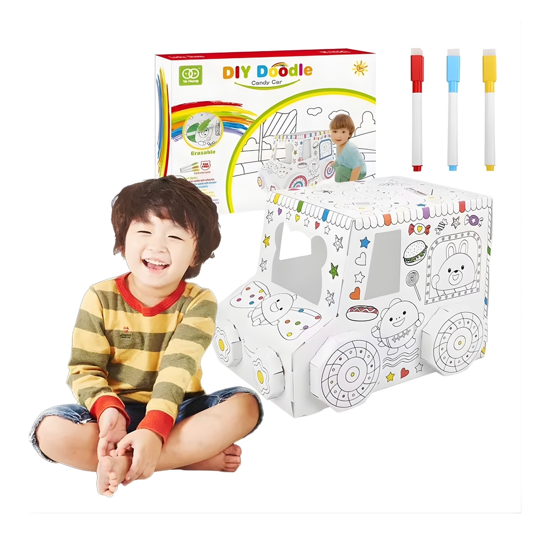 Jucarie Educativa pentru Copii, Flippy, Model Masinuta 3D, Jucarie de Asamblat si Colorat, din Carton, 28 x 20 cm, 3+ ani, Alb