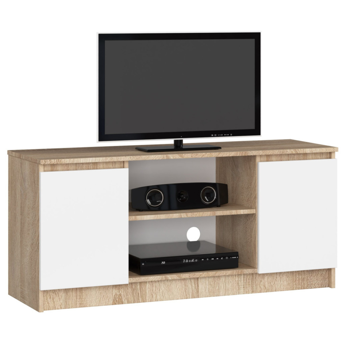 Comoda TV cu 2 usi si o polita, PAL laminat 16 mm, 120x40x55 cm, stejar sonoma si alb