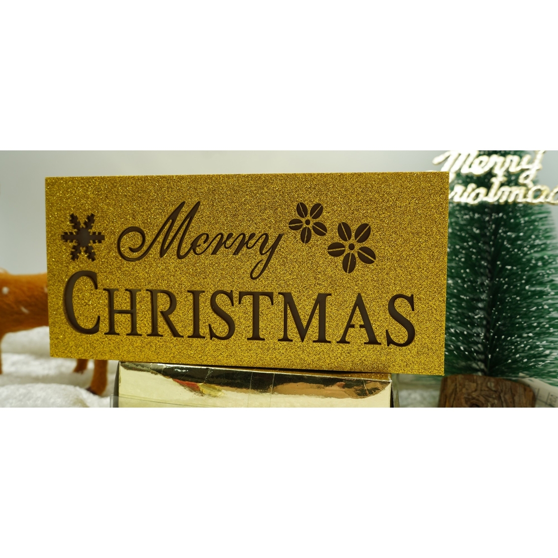 Decoratiune luminoasa, Flippy, Marry Christmas, galben, lungime: 19 cm, latime: 9 cm, inaltime: 4 cm, lemn, interior/exterior