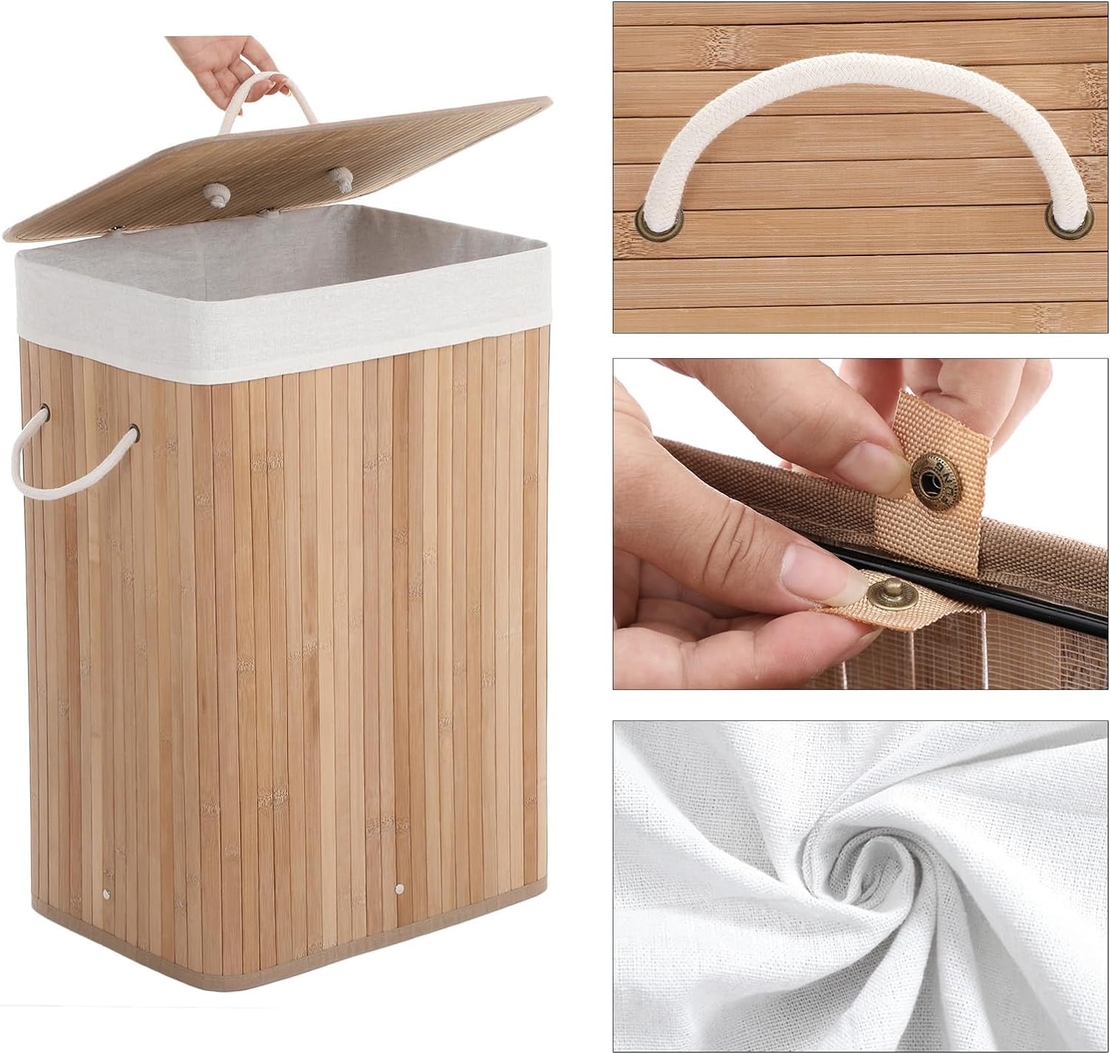 SONGMICS Cos de rufe din bambus, pliabil, cu captuseala detasabila lavabila, 72L, 40x30x60cm, natural