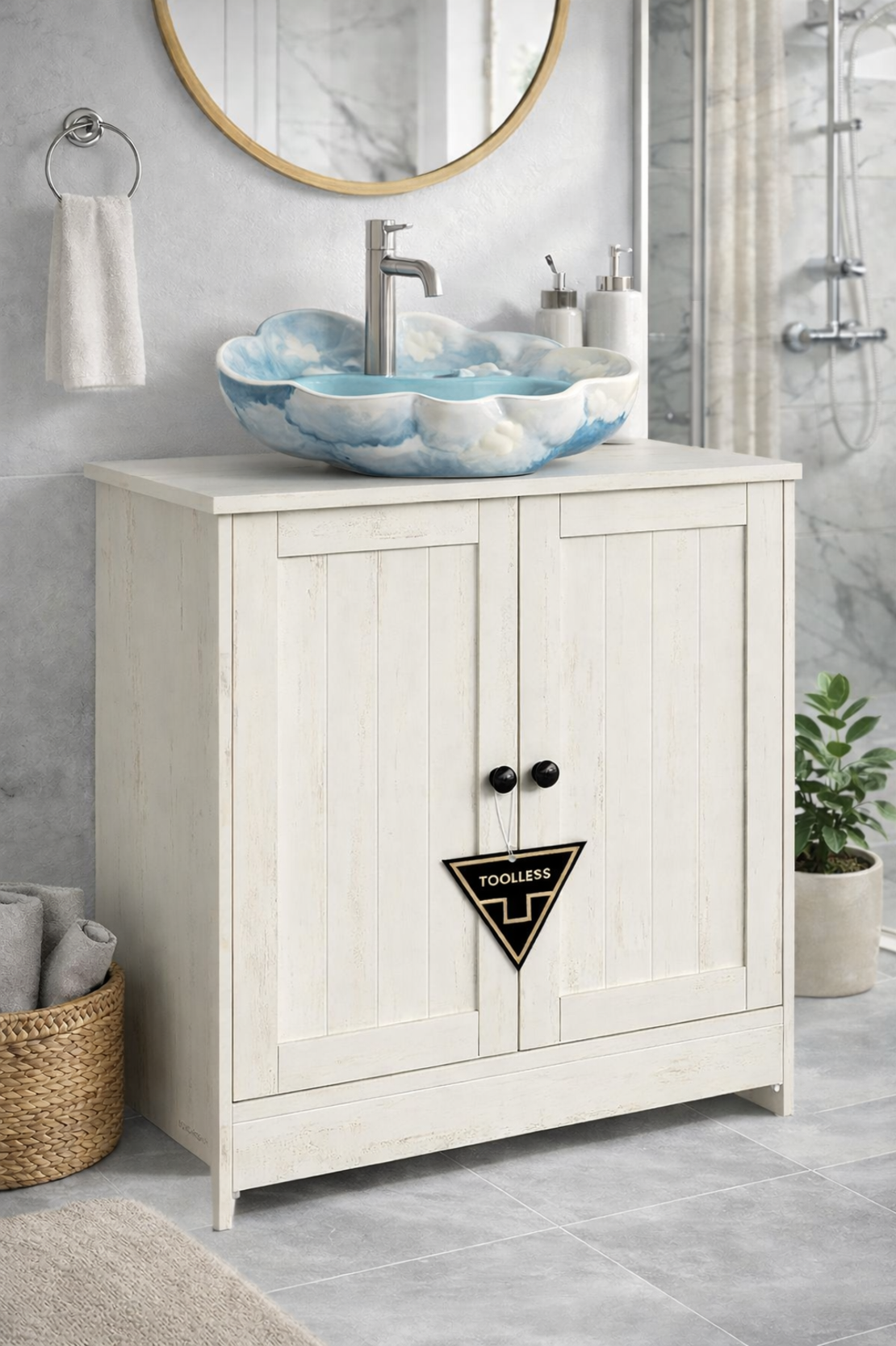 SONGMICS Masca baie pentru chiuveta, suport lavoar, raft reglabil, stil rustic modern, 60x30x61 cm, alb rustic