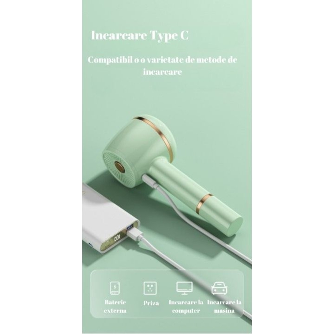 Aparat Pentru Curatat Scame, Par Si Praf, Vafy, Pentru Diferite Tipuri De Material, Cu Lame Din Otel Inoxidabil, Incarcare Prin USB Type-C, Cu Perie De Curatare, Cablu USB Si Stick Cu Lipici Incluse, Verde, 220 x 86 mm