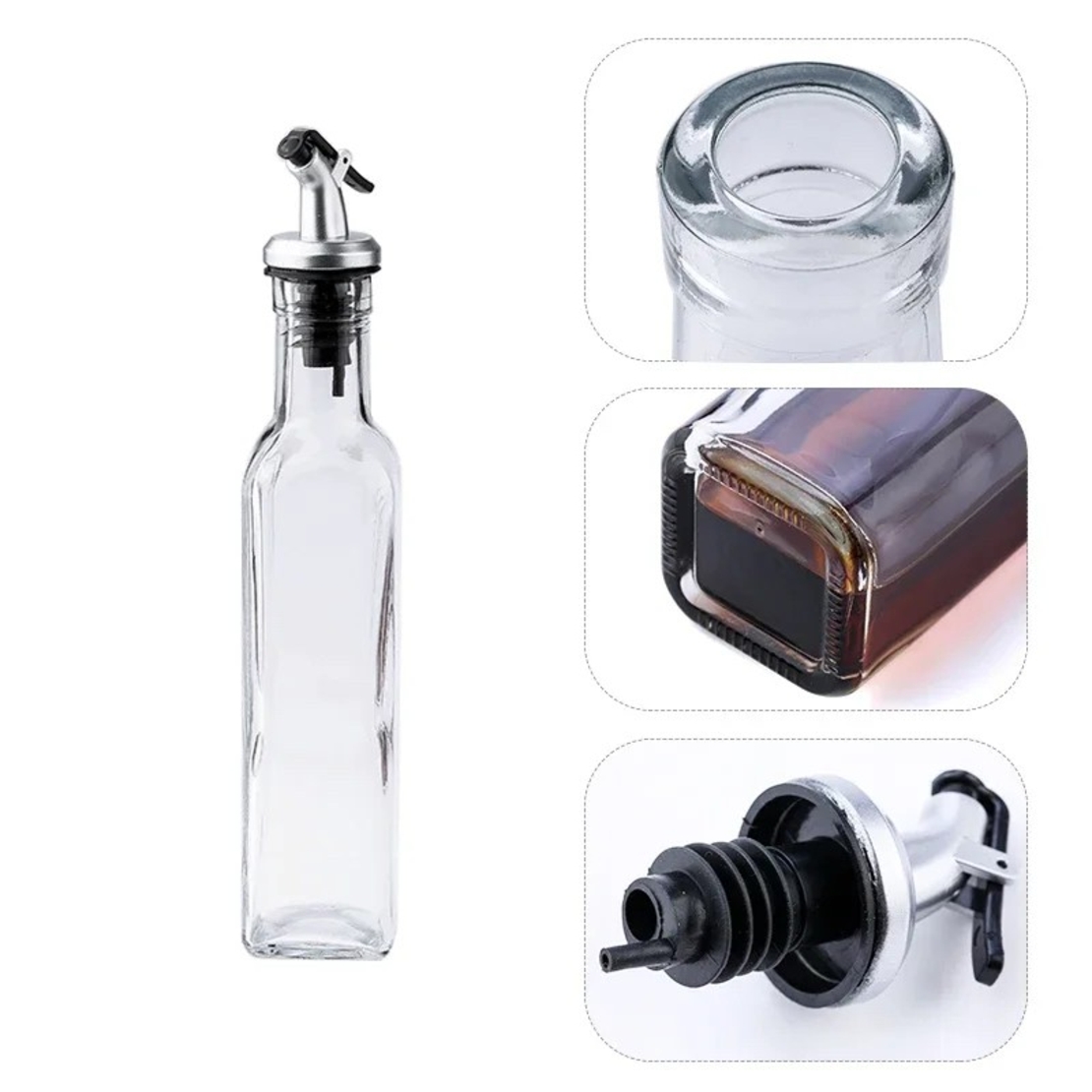Sticla de Ulei de Masline, Vafy, Sticla etansa pentru Lichide de Bucatarie, Sticla pentru Uleiuri, Sosuri, Otet, Capac din Inox Dozator, 19.5 x 4.8 cm, volum 150 ml, Transparent