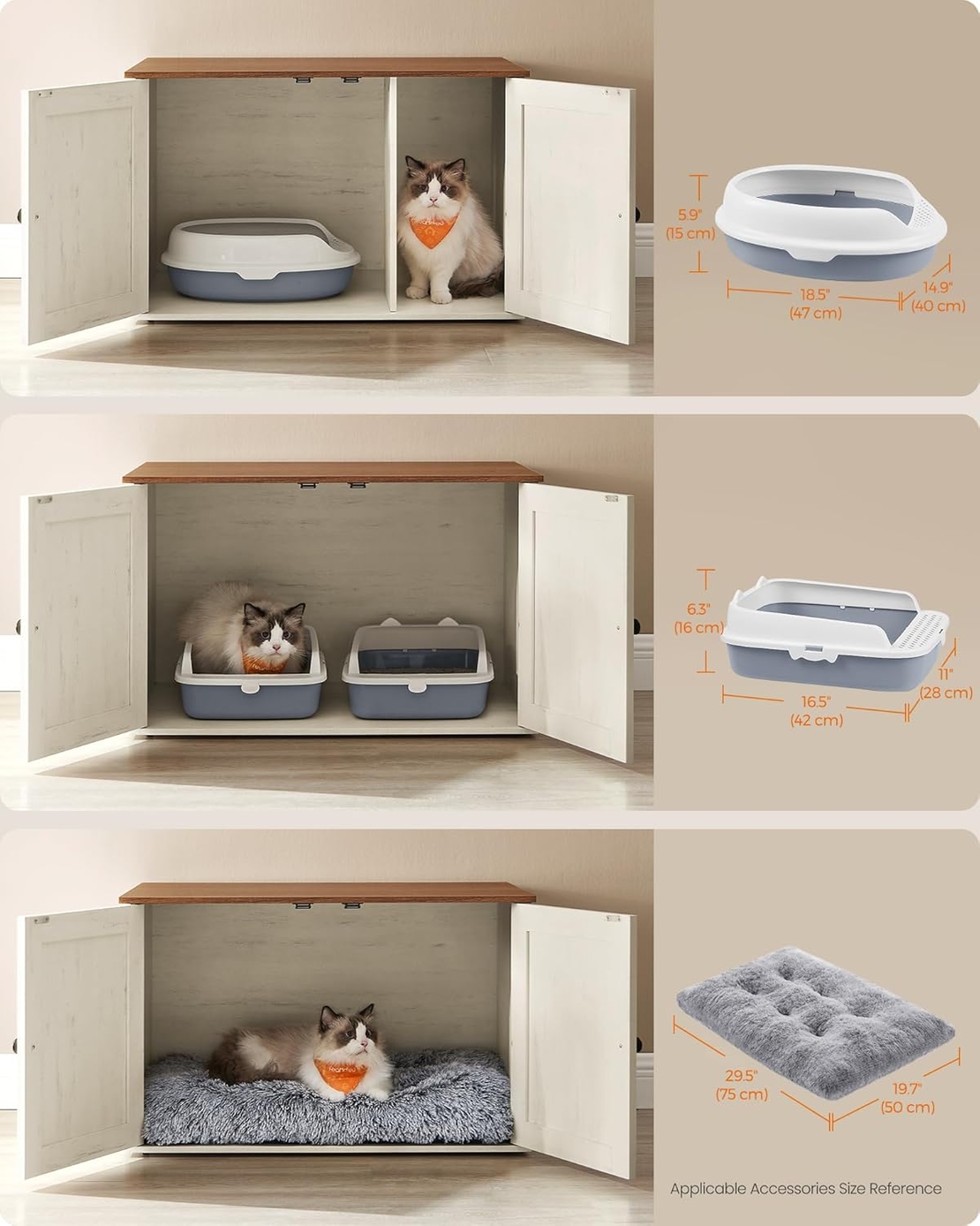 FEANDREA Litiera mascata tip mobilier cu usi model hambar, compartiment cu separator, 80x53x50 cm, alb