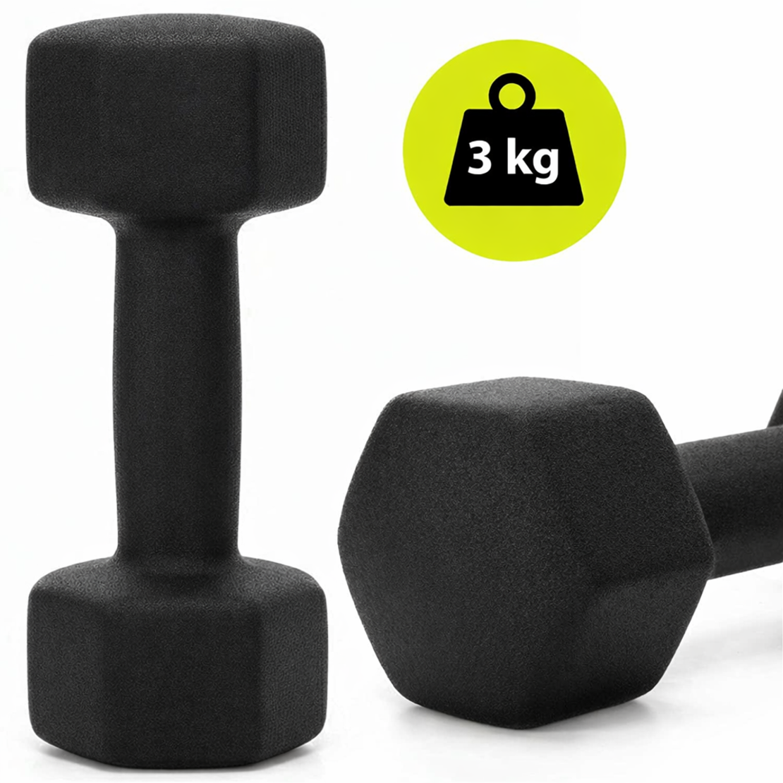 Set gantere din fonta cu invelis neopren, 12 kg cu suport, capete hexagonale, 2x1 kg 2x2 kg 2x3 kg, multicolor