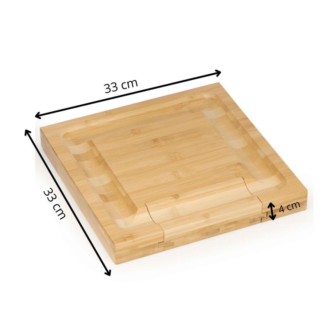 Set servire branzeturi cu platou din bambus si sertar glisant, 33x33x4 cm, maro natur