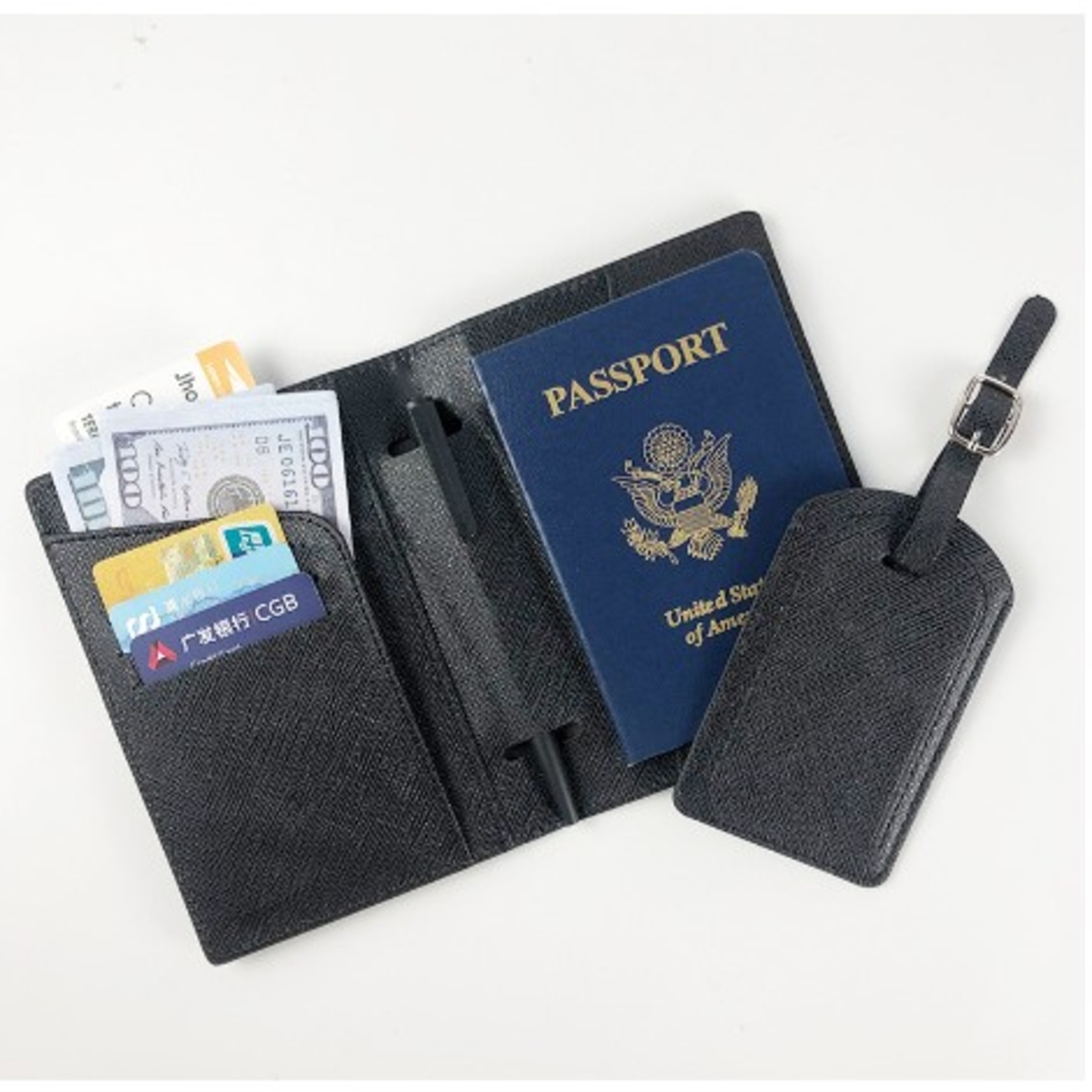 Portofel pentru Pasaport si Carduri, Vafy, 23x16 cm, 70g, din Piele PU, Suport Pix, Accesoriu Suport Eticheta, Unisex, Multifunctional, Negru