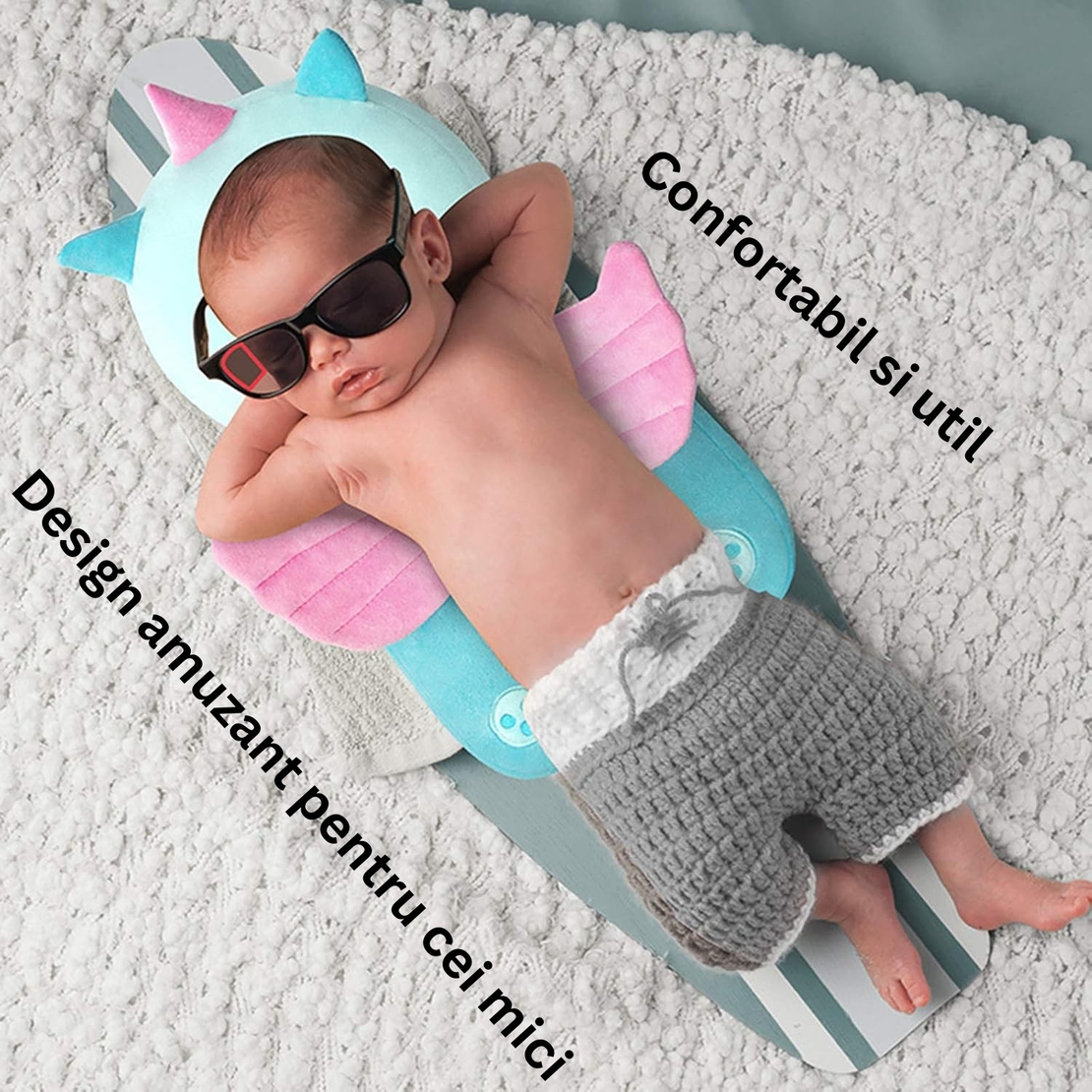 Perna tip Rucsac pentru Protectia Capului, Vafy, Tetiera tip Unicorn, pentru Bebelusi, Design tip Plasa, 33x6x19 cm, 180 g, Albastru