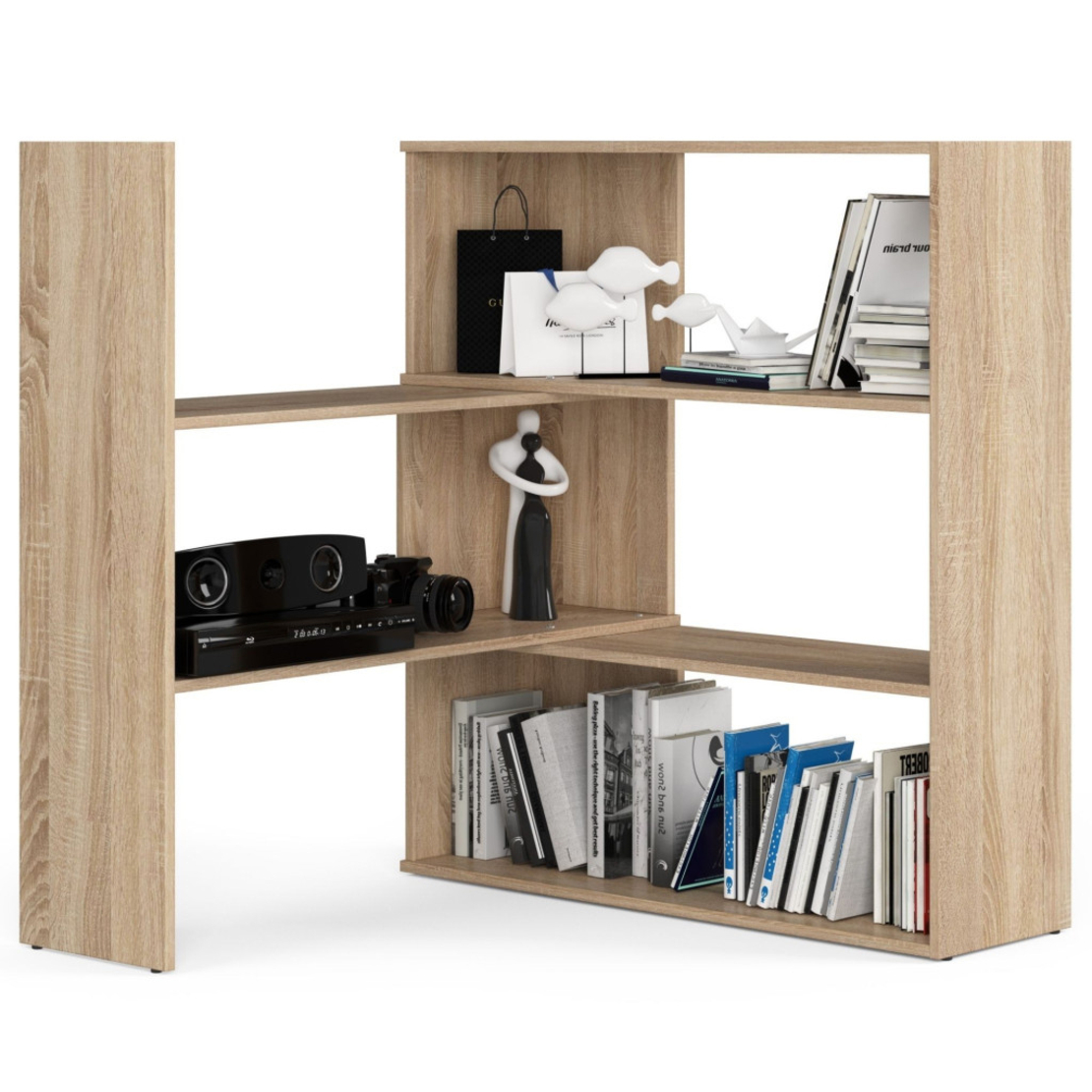 Etajera de colt pentru carti si decoratiuni, cu 3 rafturi, PAL laminat 16 mm, 174x30x109 cm, stejar sonoma