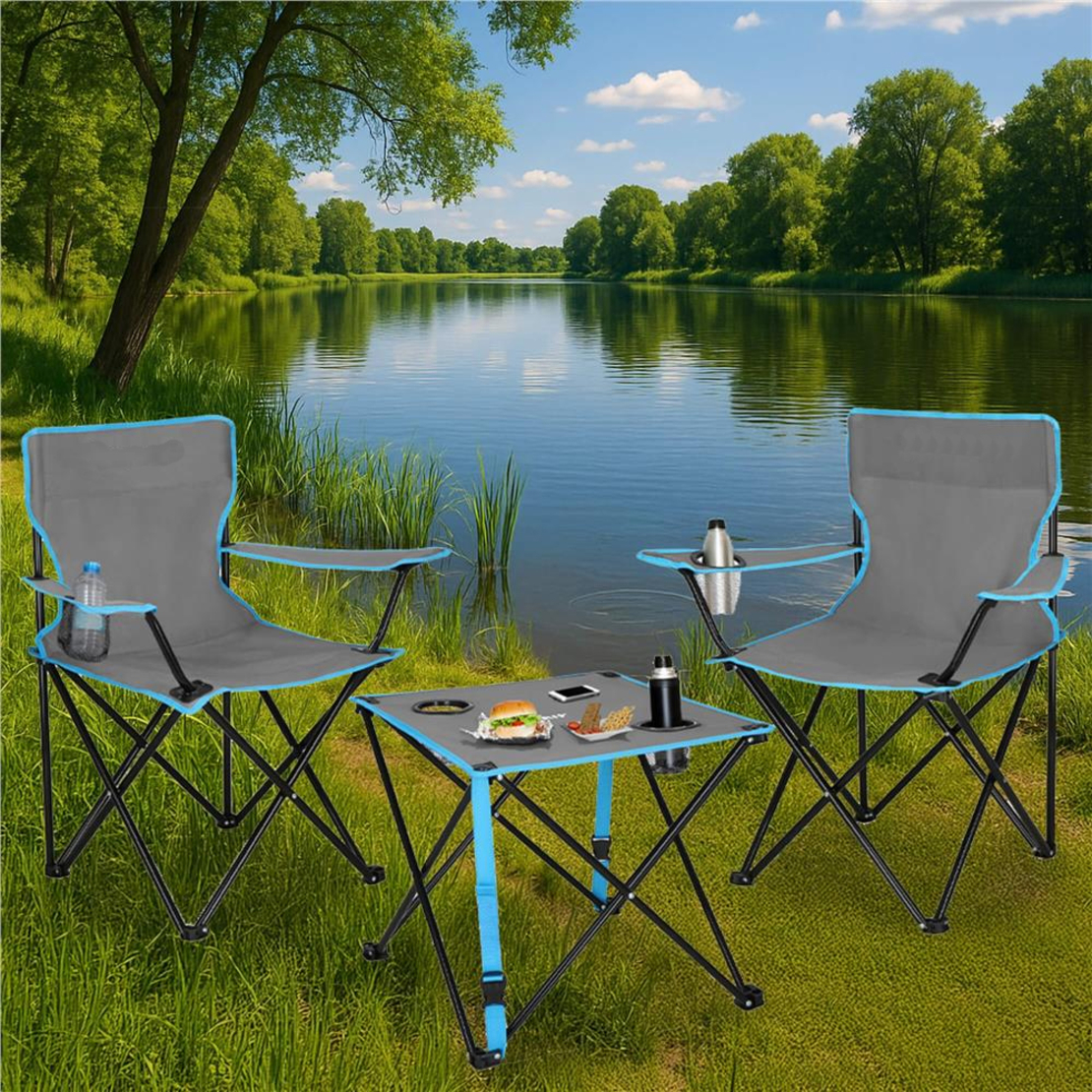 Set masa pliabila cu 2 scaune, structura metalica, husa transport, 47x47x45 cm, gri