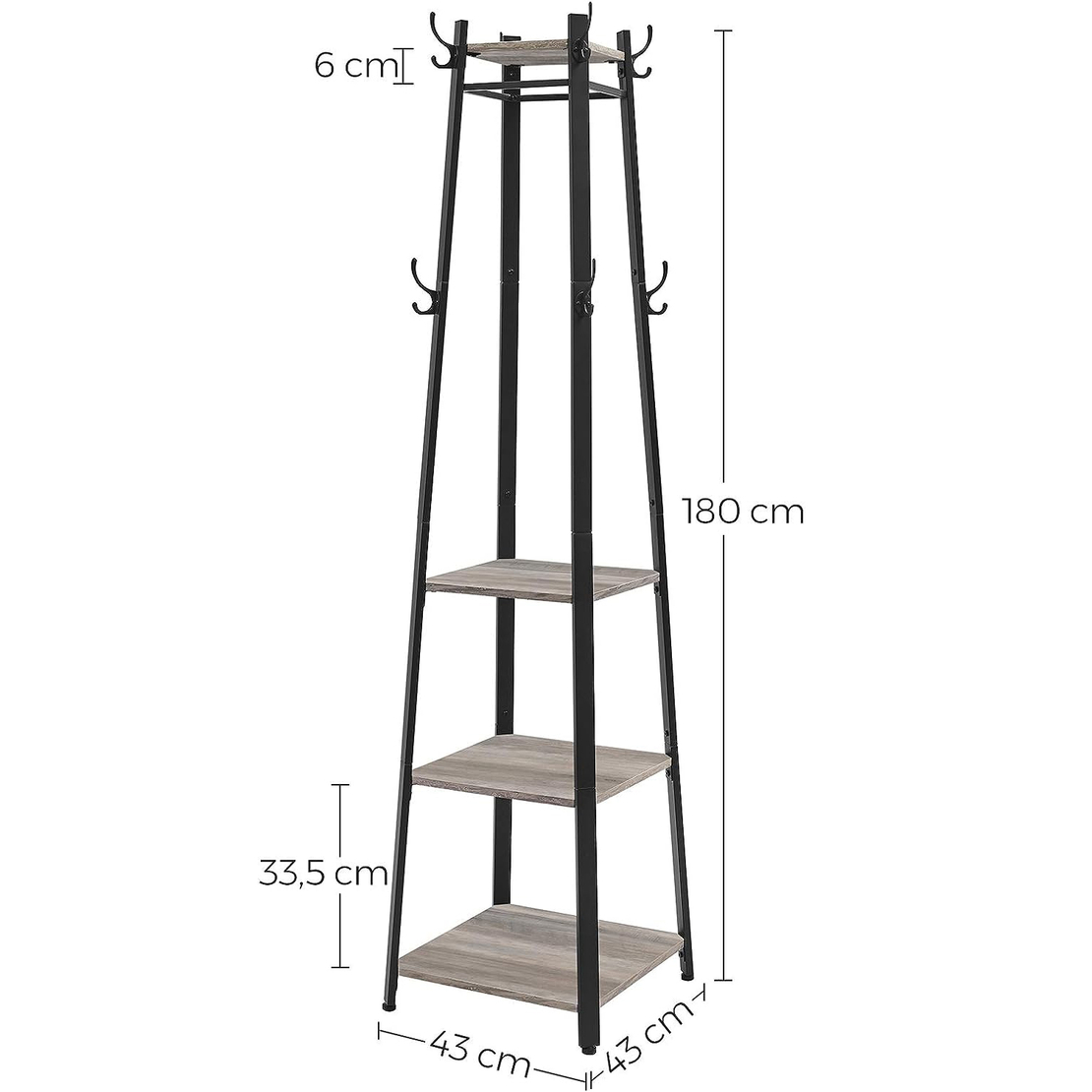 VASAGLE Cuier de haine cu 3 rafturi, suport cu carlige, din otel, 43x43x180 cm, stil industrial, gri si negru