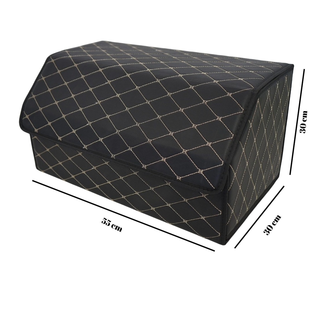 Cutie de Depozitare Auto, Flippy, Organizator Premium Portbagaj, Geanta Multifunctionala, Piele Ecologica, Pliabil si Rezistent la Uzura, 2 Compartimente Depozitare, Pliabil si Rezistent la Uzura, Negru/Alb, 55 x 30 x 30cm