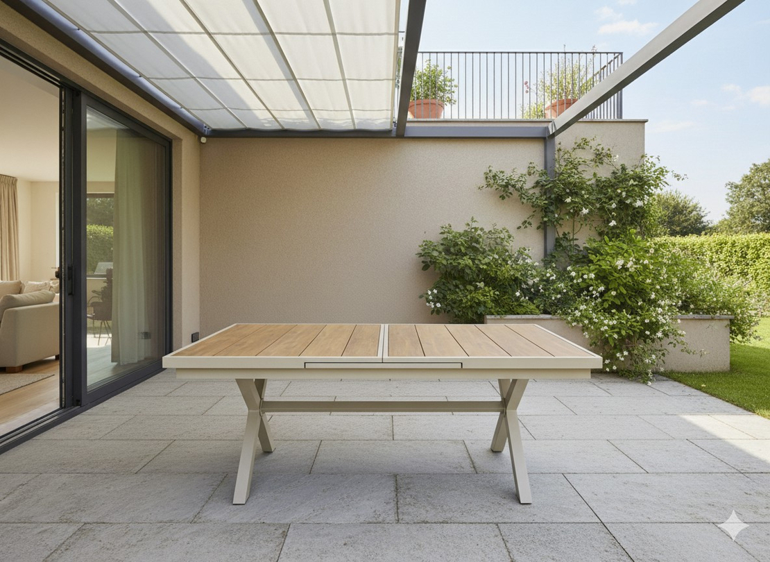 Masa gradina extensibila 180-240 cm din aluminiu cu blat aspect lemn, 180-240x90x76 cm, bej
