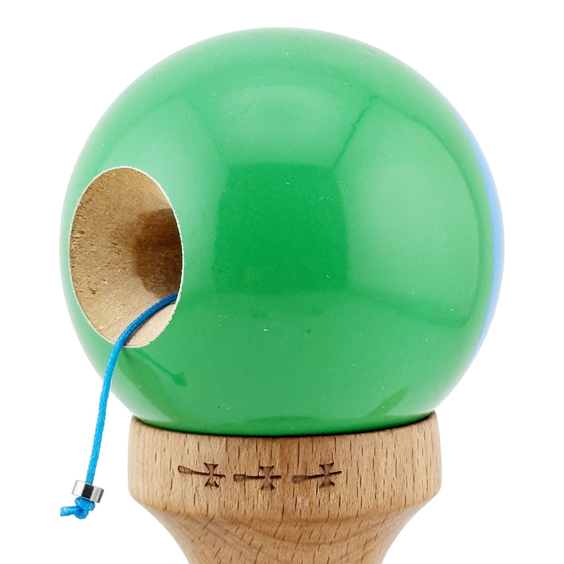 Kendama X Originala, Profesionala, Flippy, Big Cups V2, Super Sticky cu Cupe Mari, Rulment Metalic, din lemn 18 cm, Ata 55 cm, Albastru/Verde
