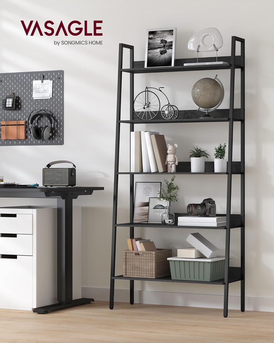 VASAGLE Biblioteca tip scara, cadru otel cu 5 polite, stil industrial, 80x30x170 cm, negru
