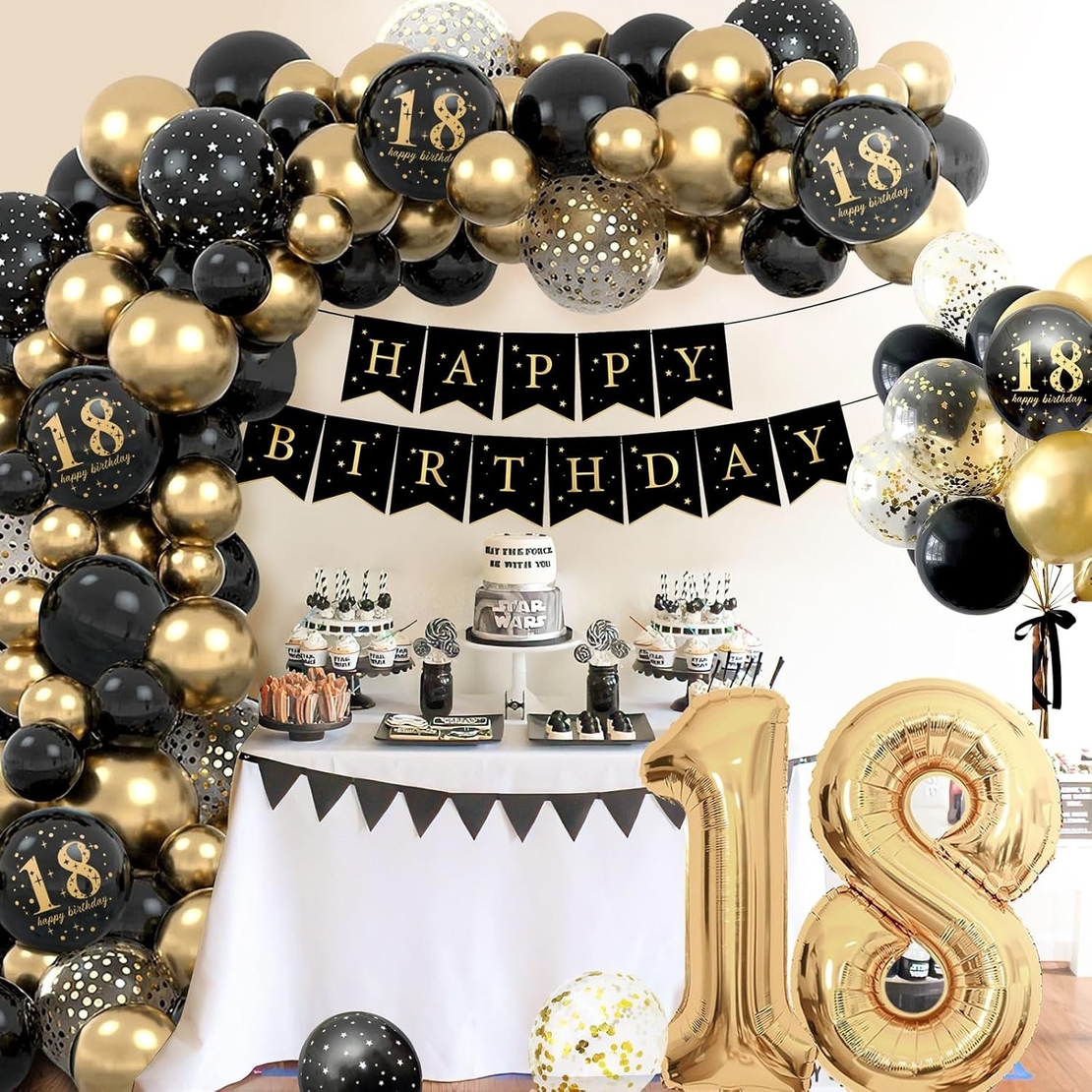 Set Baloane Folie si Latex, Flippy, Tematica Aniversare Majorat, Baloane Latex, Figurine Cifrele 1 si 8, Ambalaj Individual, Pai Inclus, Umflare cu Aer sau Heliu, Auriu Negru
