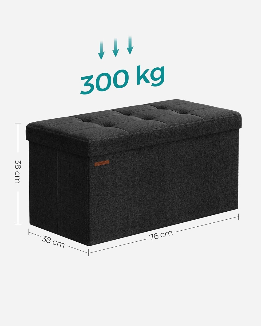 SONGMICS Taburet pliabil cu sezut moale, spatiu de depozitare 89 litri, maxim 300kg, 76x38x38 cm, negru