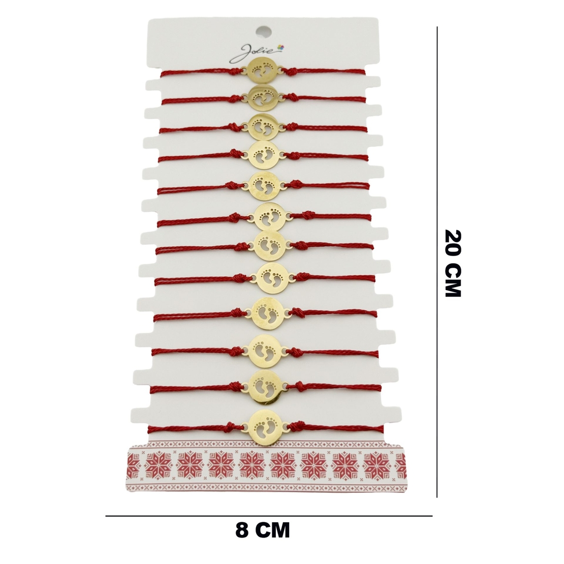 Bratara Martisor pentru Dama, Jolie, Model Picioruse, Set 12 bucati, Pandativ din Inox Auriu, Snur Ajustabil Impletit, Rosu