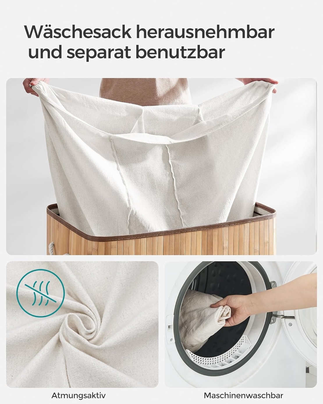 SONGMICS Cos de rufe din bambus, pliabil, cu captuseala detasabila lavabila, 3 compartimente, 150L, 60x40x60cm, natural