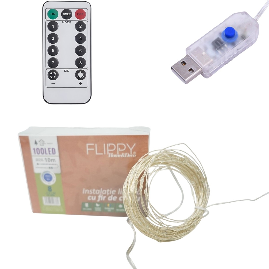 Instalatie de Craciun Liniara, Vafy®, Tip Liniara, Fir Cupru, 8 Jocuri de Lumini, cu Telecomanda, 10 m, 100 Led-uri, Alimentare USB, 4.5V, Albastru