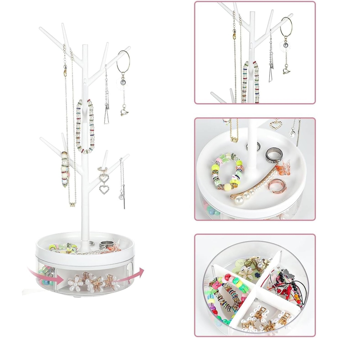Cutie de Bijuterii, Flippy, Rotativa, cu Suport Tip Ramura, 36.5 x 14 cm, din ABS+PP, Alb
