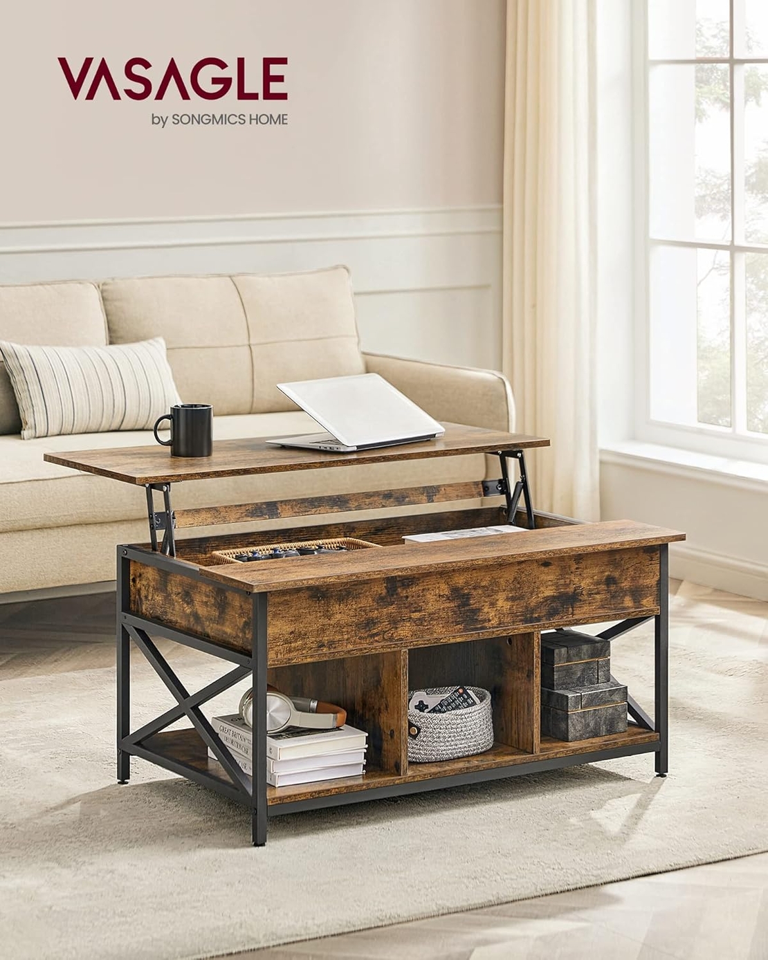 VASAGLE Masa de cafea cu inaltime reglabila, spatiu de depozitare ascuns, 60x100x(48-62) cm, maro rustic