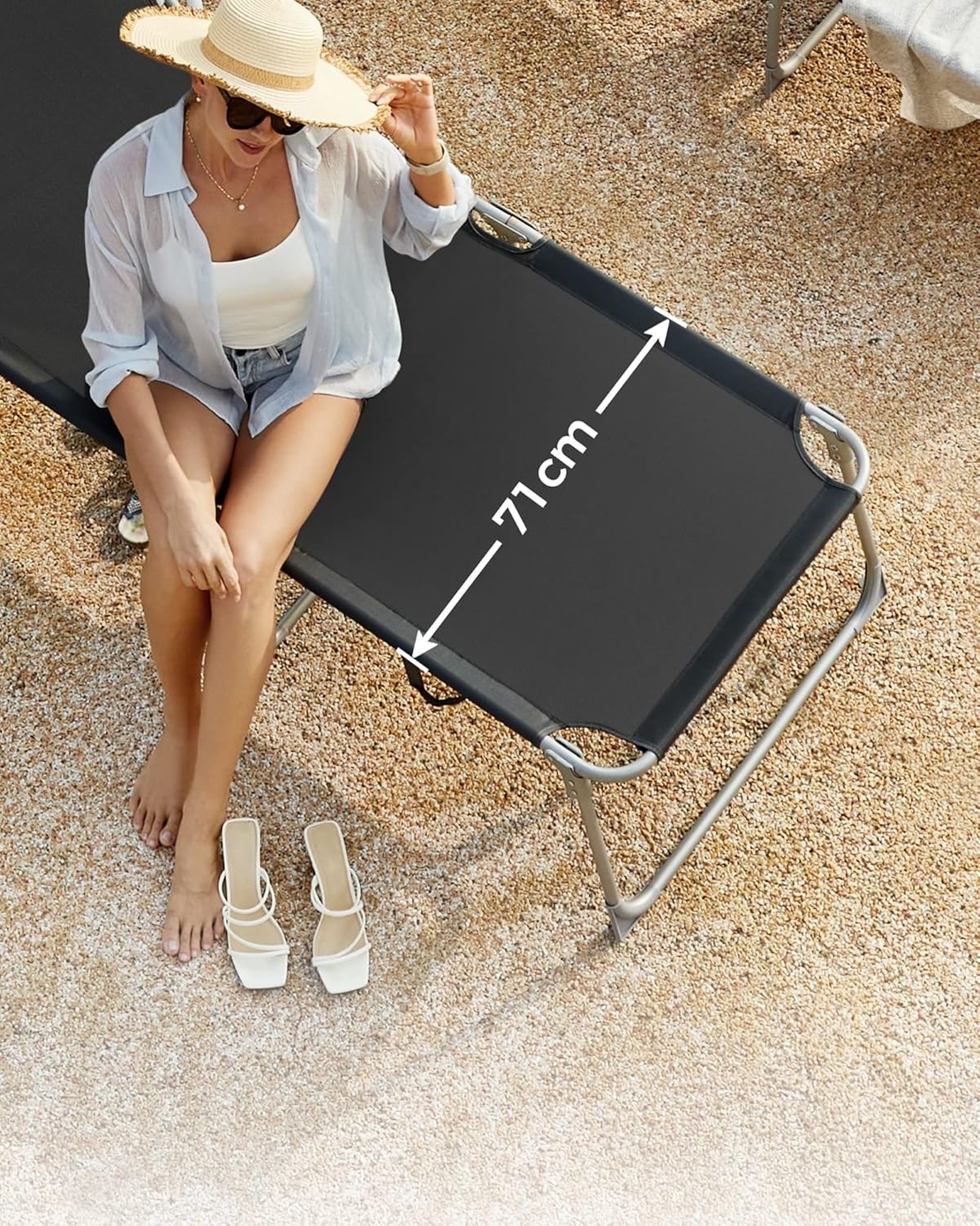 SONGMICS Sezlong pliabil, cu parasolar si tetiera, spatar reglabil in 4 pozitii, maxim 150kg, 200x71x38cm, negru