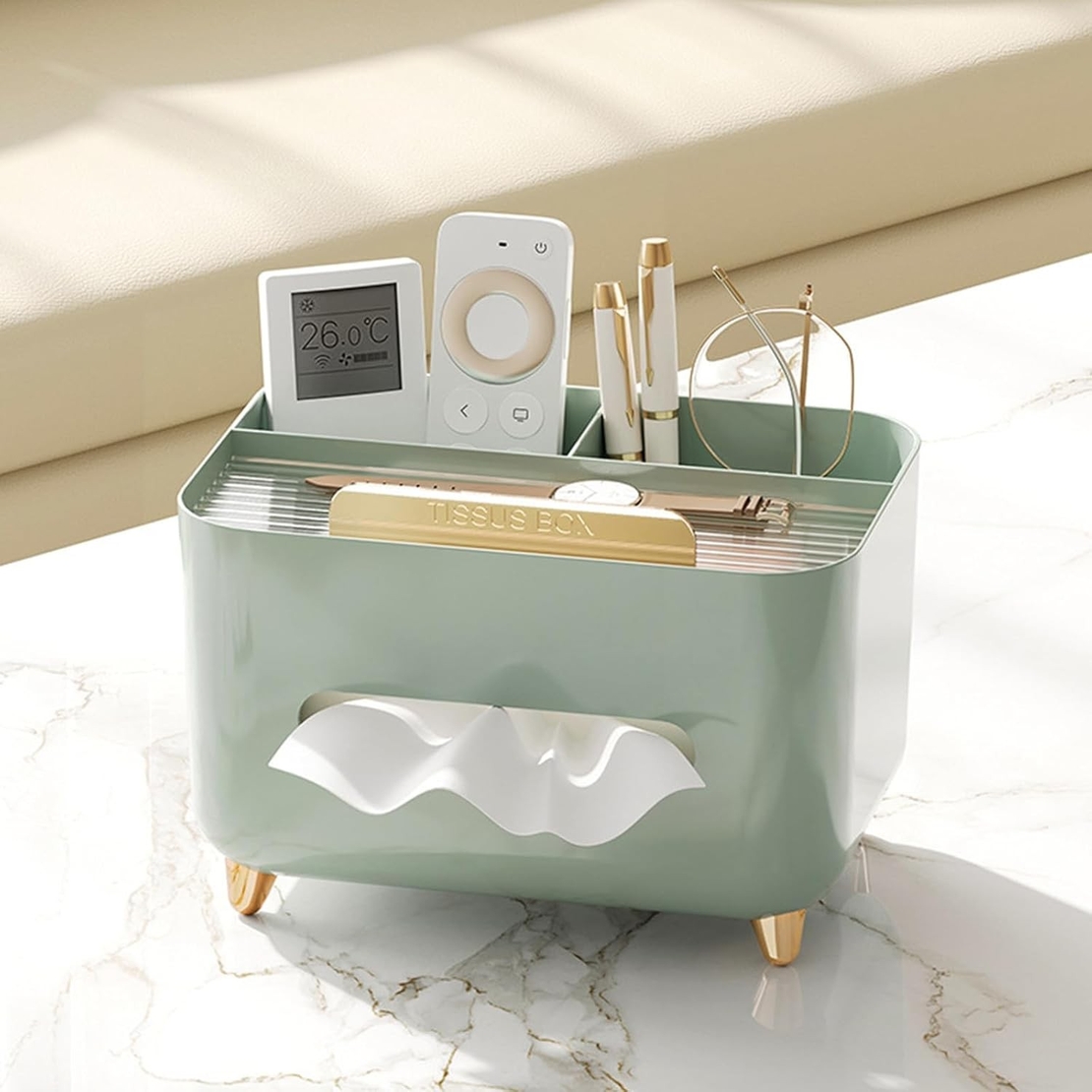 Suport pentru Servetele, Flippy, Cutie Multifunctionala, Design Minimalist, ABS, cu Suport pentru Obiectele Personale, pentru Birou, 21x15x13 cm, Verde