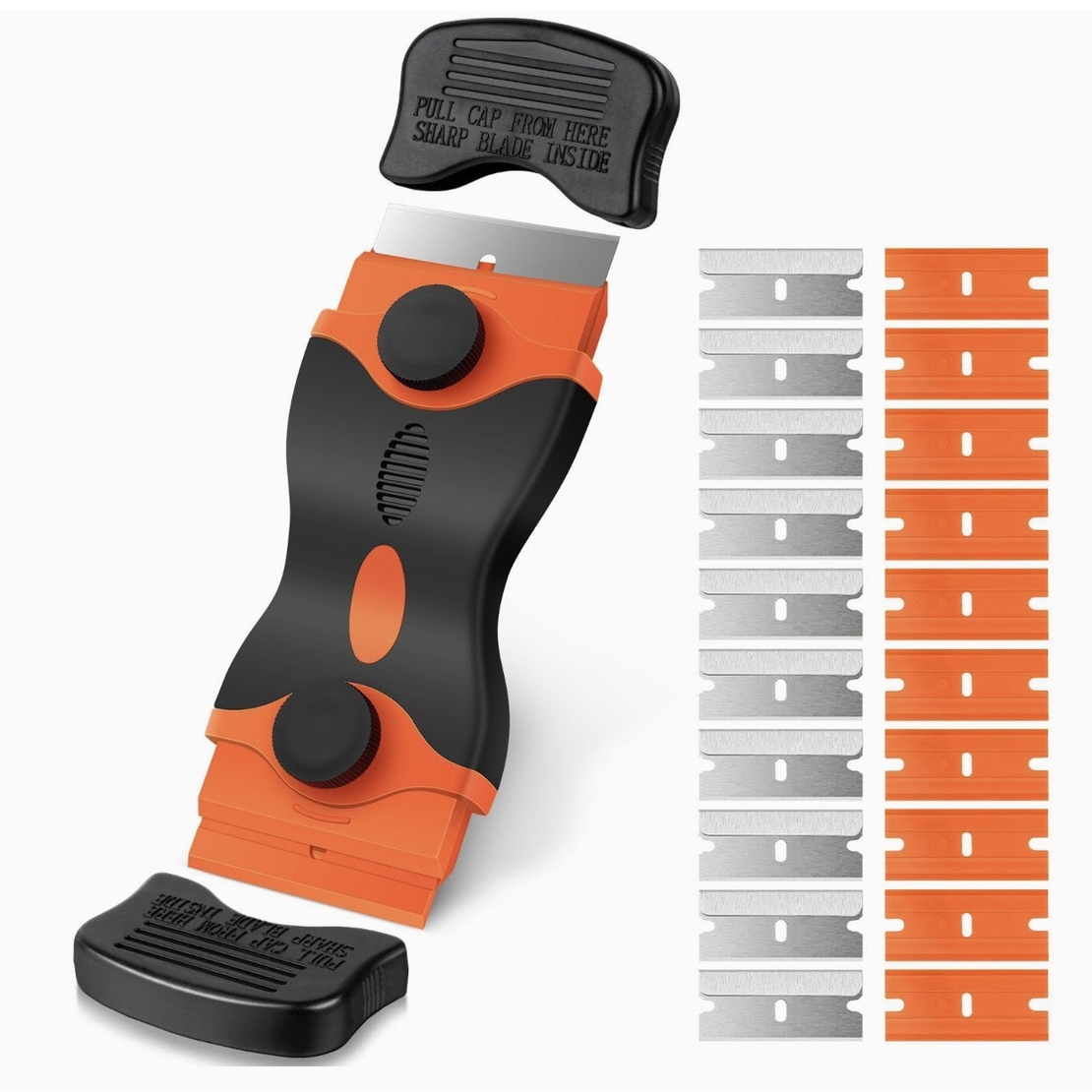 Racleta Multifunctionala pentru Curatare Sticla si Ceramica, Flippy, Design Ergonomic, Maner Anti-alunecare, Include 20 de Lame de Schimb, 12,5 x 4,5 cm, Portocaliu