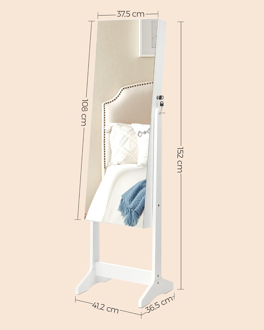 SONGMICS Oglinda de podea cu suport, design fara rama, cu spatiu de depozitare, 41x37x152cm, alb