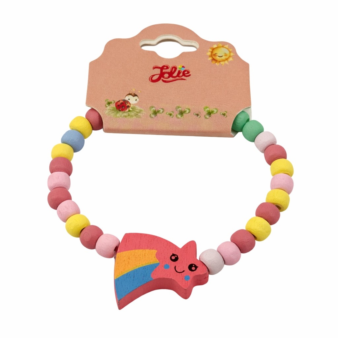 Martisor Bratara pentru Copii, Jolie, Pandativ Stea Rosie, tip Elastica cu Margele din Lemn Colorate