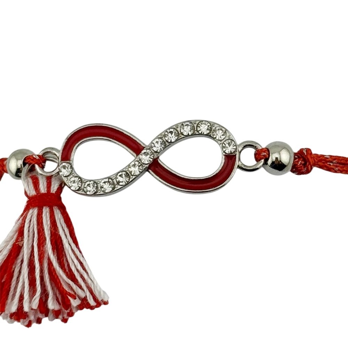 Martisor Bratara cu Ciucure pentru Dama, Jolie, Model Infinit cu Pietre, Set 12 bucati, Pandativ din Inox, Snur Reglabil, Rosu/Alb