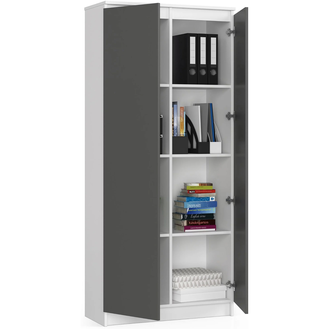Dulap cu 8 etajere, PAL laminat 16 mm, 80x35x180 cm, alb si grafit