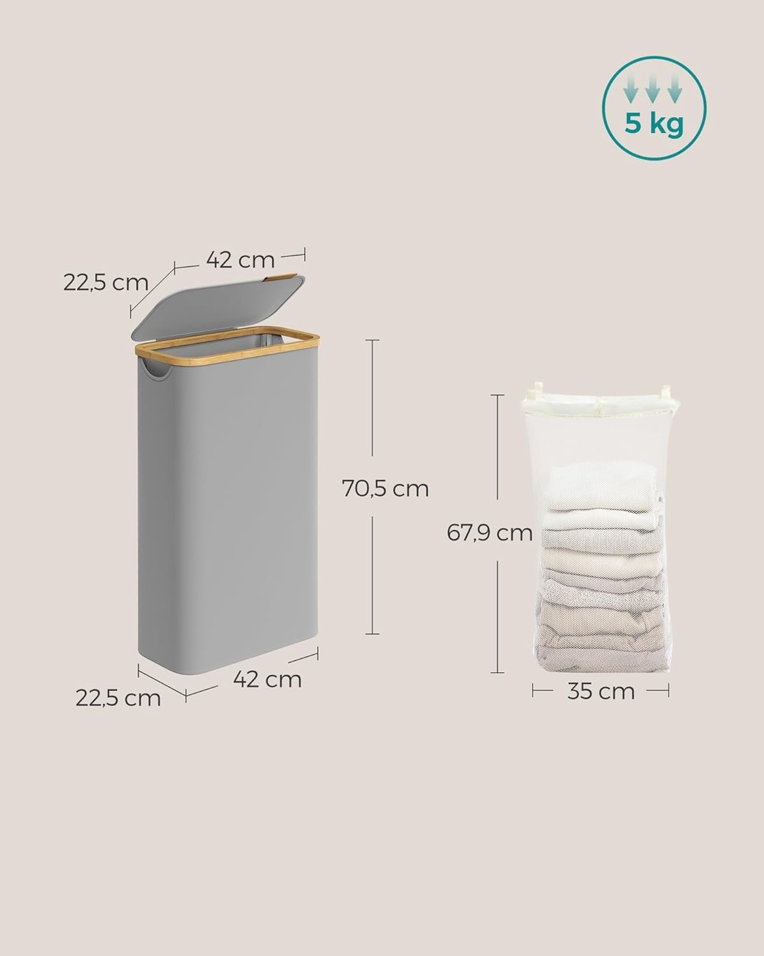 SONGMICS Cos rufe slim pentru spatii inguste, sac detasabil, 65 litri, 42x23x71 cm, gri