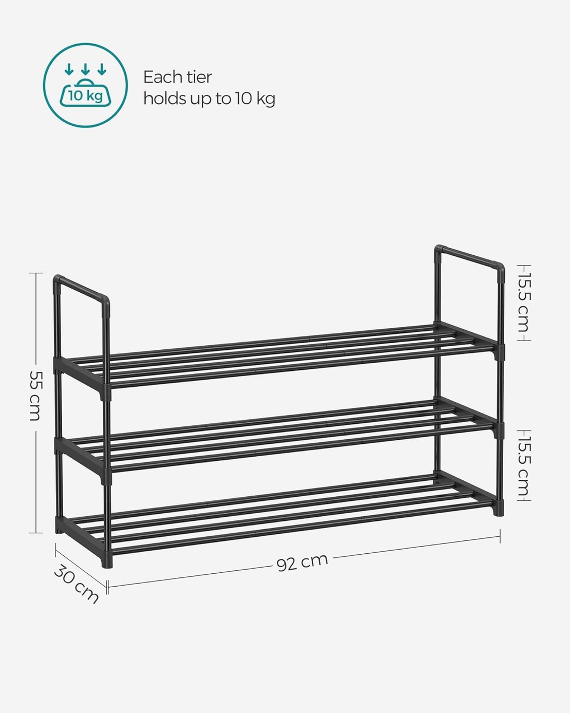 SONGMICS Suport pentru pantofi cu 3 nivele, structura metalica, pentru 12-15 perechi, 92x30x55cm, negru